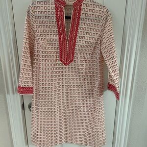 Tory Burch Red and Gray Square Pattern Blouse